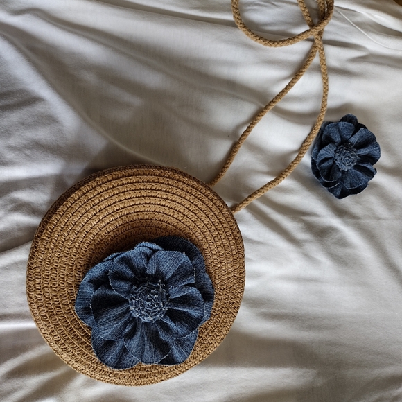 Handbags - Handcrafted Round Mini Bag with Denim Flower Accent + matching Floral Brooche